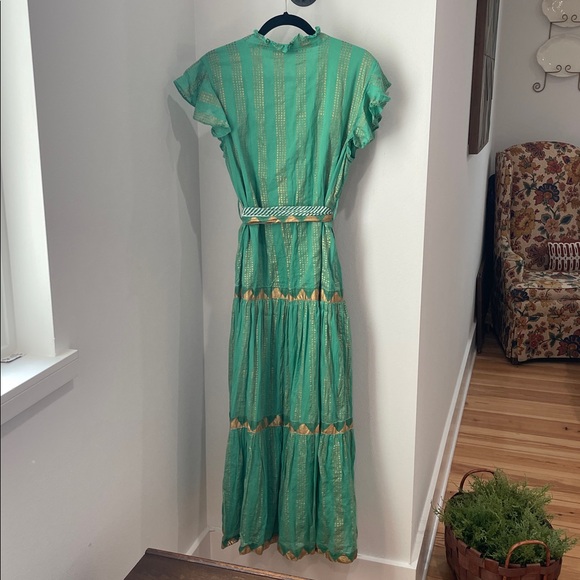 Oliphant green and gold 100% cotton button down maxi dress with pockets & sash - Picture 4 of 6